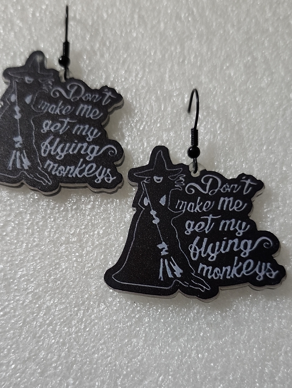Hand Crafted Black Witch Silhouette Earrings with White Script